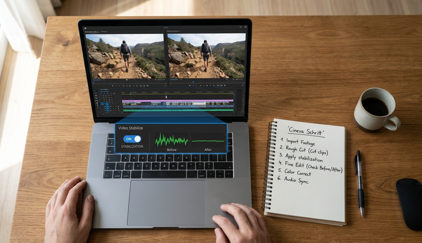 Workflow-Schreibtisch mit Laptop, Notizbuch und Stabilisierungs-Toggle in der Browser-UI — Schritt-für-Schritt-Anleitung am realen Arbeitsplatz. Bildquelle: aus realem Test.