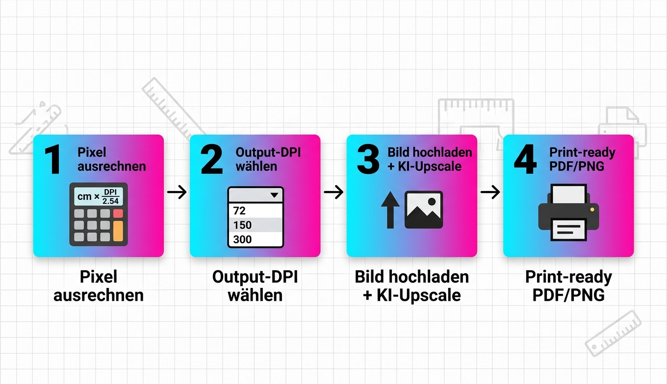 Workflow-Illustration der 5 Schritte für Auflösungs-Erhöhung (Visualisierung des Standard-Upscaling-Flows)