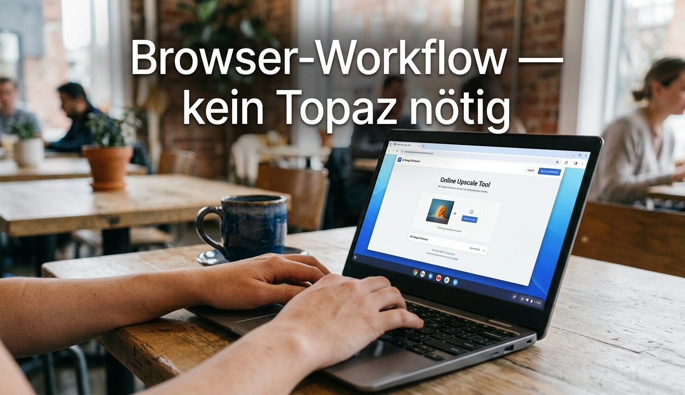 Person tippt auf Chromebook im Cafe, Browser-Workflow ohne Topaz-Installation. Bildquelle: aus realem Test.