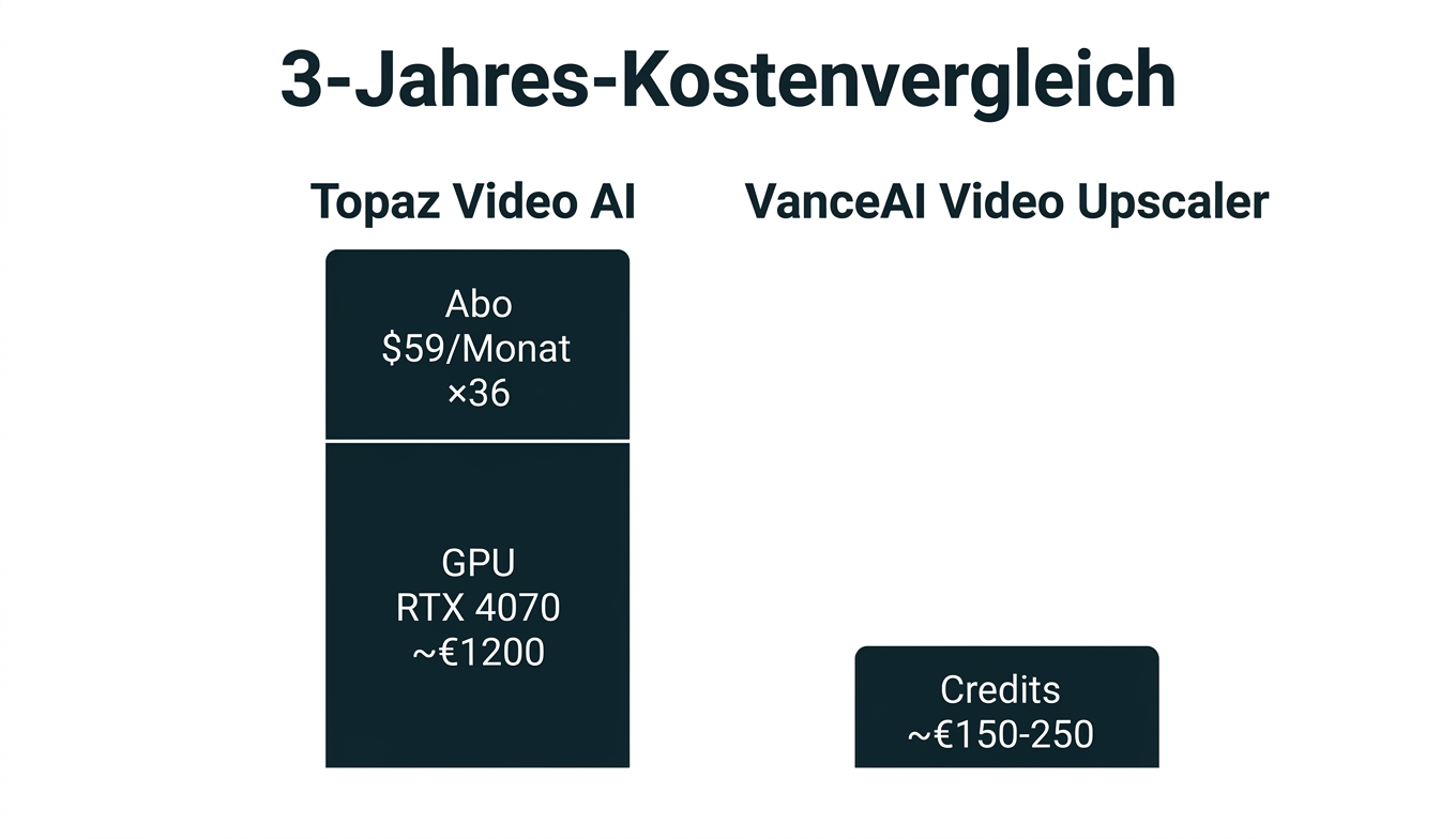 Drei-Jahres-Kostenvergleich Infografik: links Topaz Video AI stapelt Abo 59 USD/Monat ×36 und RTX 4070 ~€1200; rechts VanceAI Video Upscaler kurzer Balken Credits ~€150-250. Bildquelle: aus realem Test.