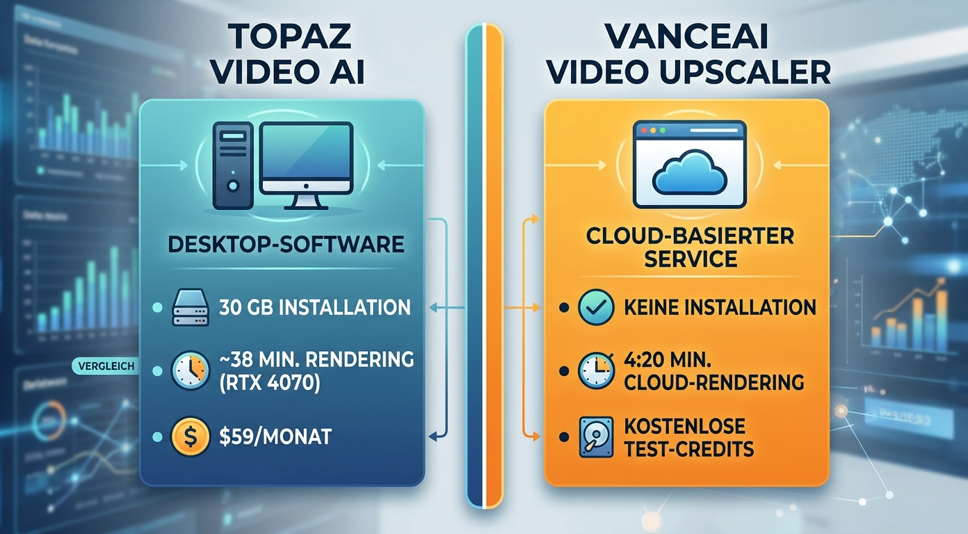 Hero-Vergleich Topaz Video AI vs VanceAI Video Upscaler: links Desktop-Icon mit Installation/RTX/Abo-Bullets, rechts Browser-Window-Icon mit keine-Installation/Cloud/Test-Credits-Bullets. Bildquelle: aus realem Test.