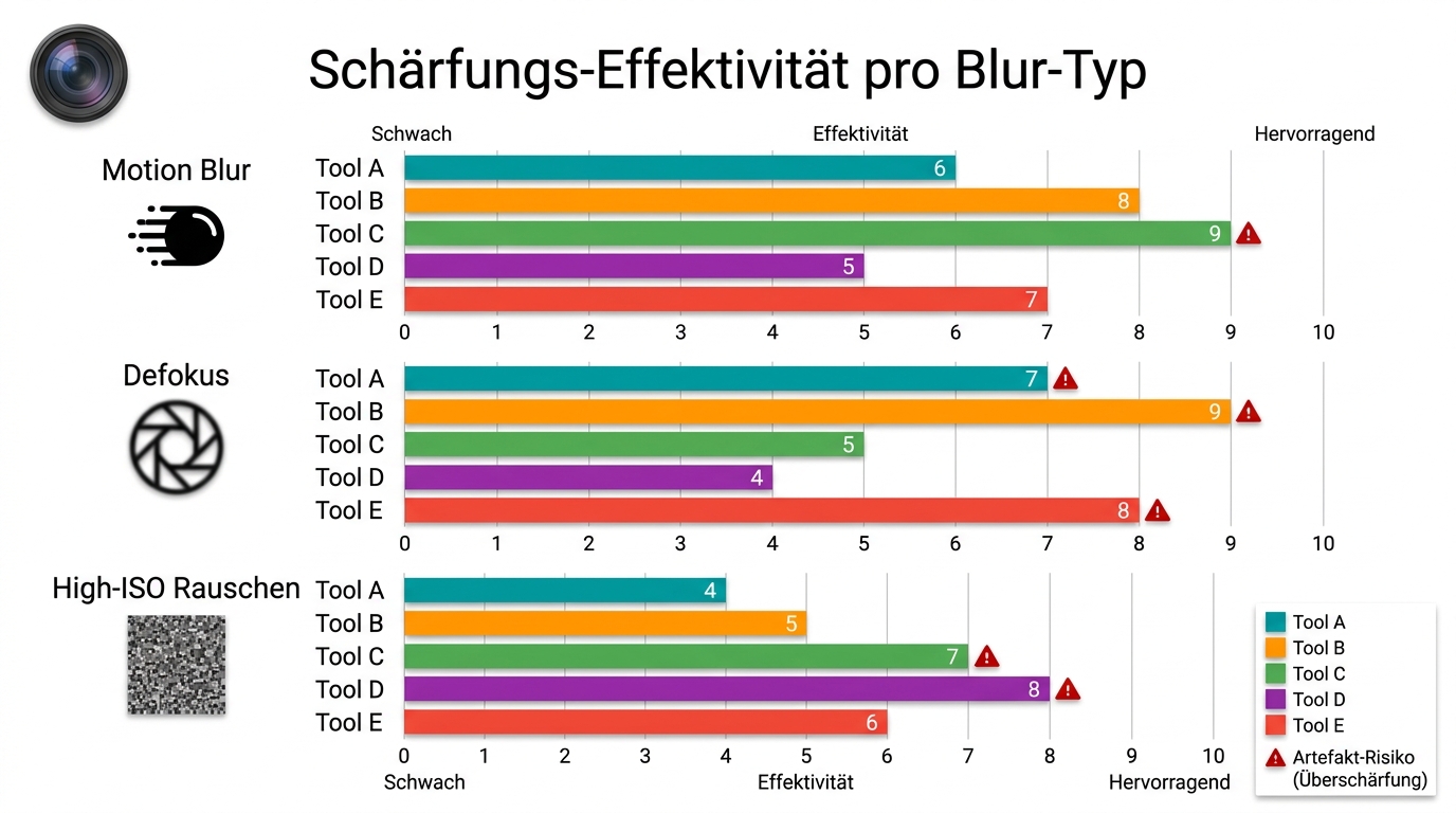 Score-Vergleich der 5 Foto-Schärfungs-Tools Radar-Chart (Visualisierung der aggregierten Bewertungen Juni 2026)
