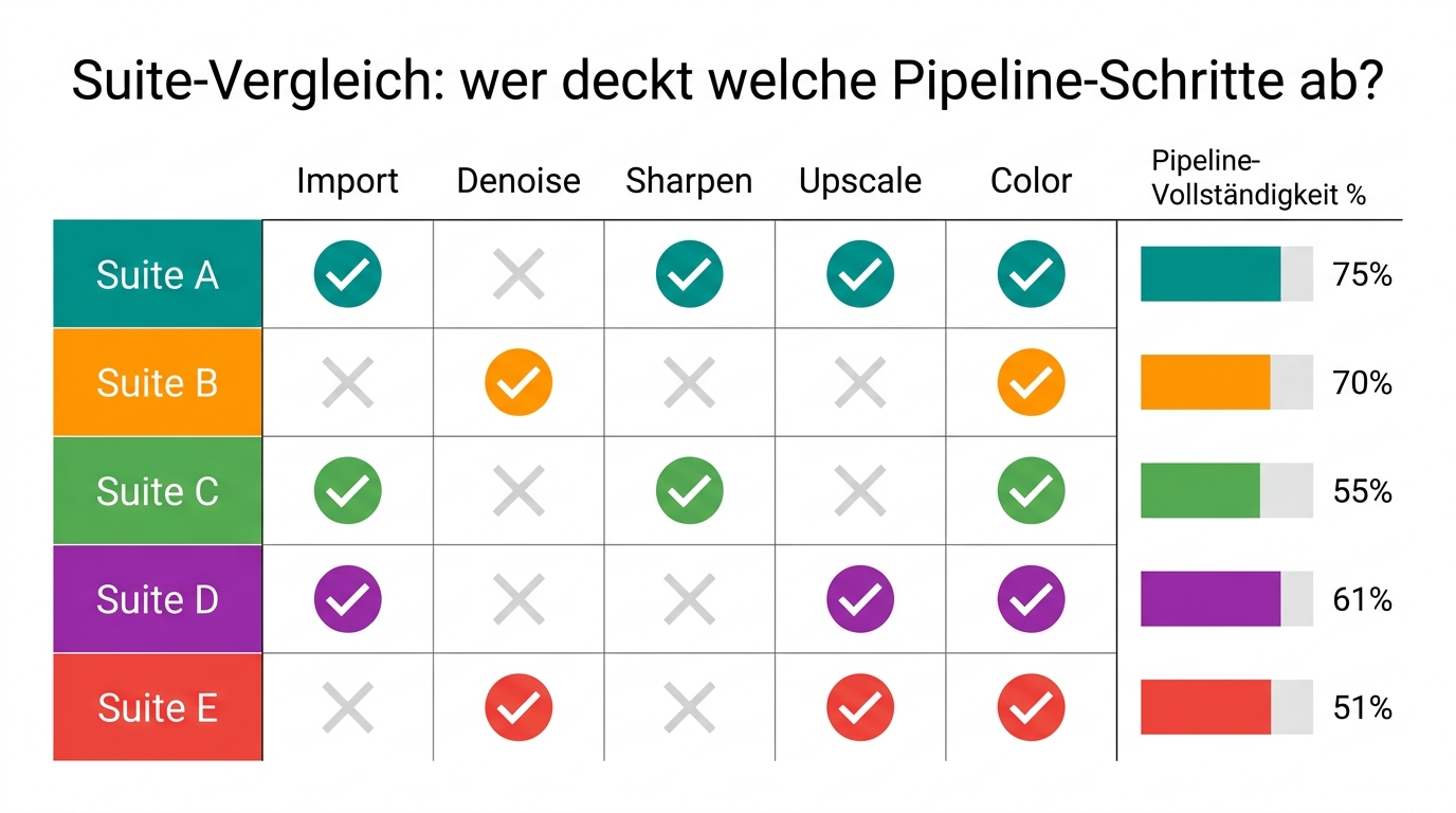Score-Vergleich der 5 Topaz Labs Alternative-Suiten Radar-Chart (Visualisierung der aggregierten Bewertungen Juni 2026)