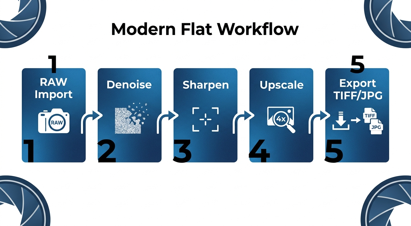 Workflow-Illustration der 5 Schritte für KI-Foto-Suite-Workflow (Visualisierung des Standard-Suite-Flows)