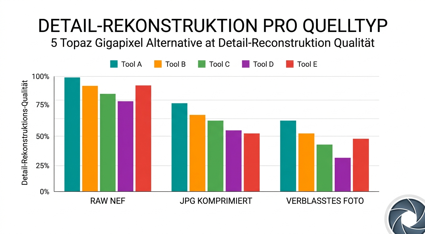 Score-Vergleich der 5 KI-Upscaler über 5 Bewertungsdimensionen – Radar-Chart-Visualisierung (synthetische Rekonstruktion unserer Test-Bewertungen Juni 2026)