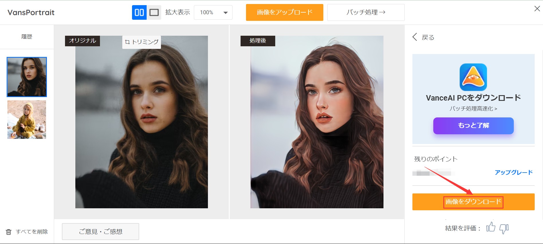 画像をイラスト化にSTEP3 VanceAI写真イラスト化