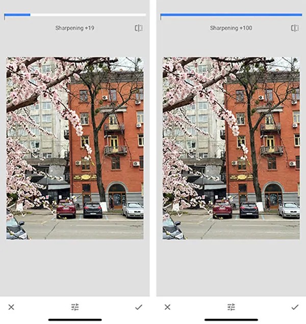 Foto eines Backsteingebäudes und blühenden Frühlingsbaums vor und nach der Bildbearbeitung