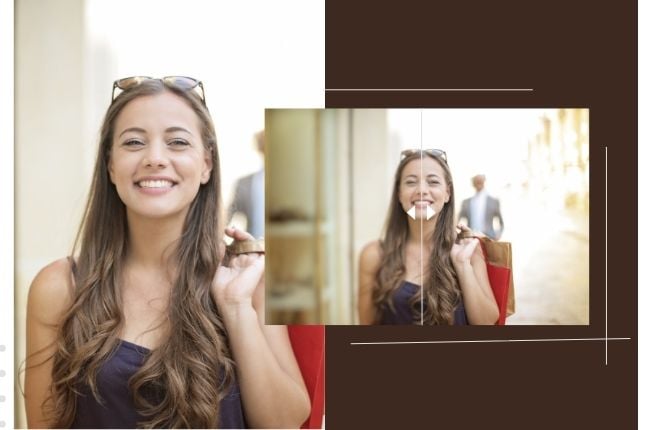 eine junge Frau mit langen braunen Haaren mit Sonnenbrille vor und nach der Bearbeitung mit dem VanceAI Image Sharpener