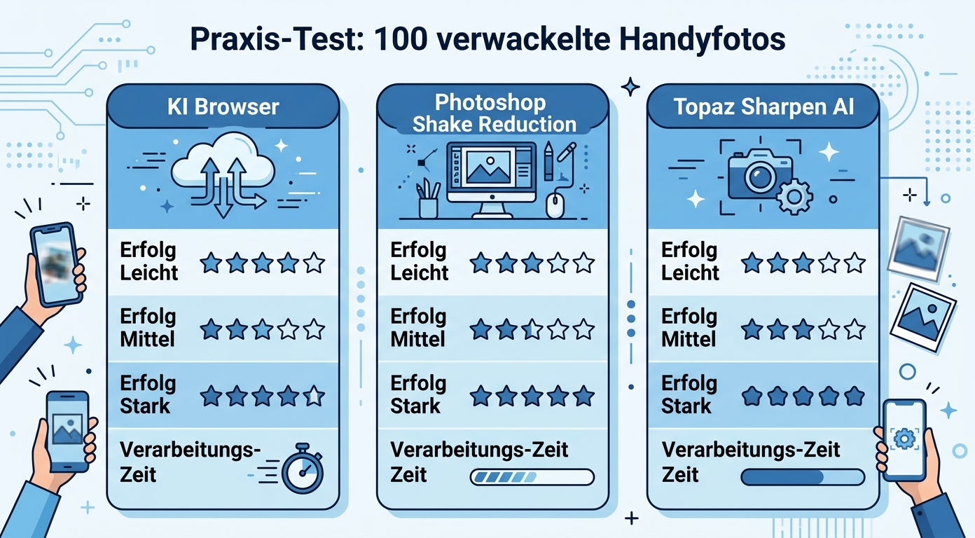 Drei Methoden VanceAI vs Photoshop vs Topaz Praxis-Test Konzept-Illustration