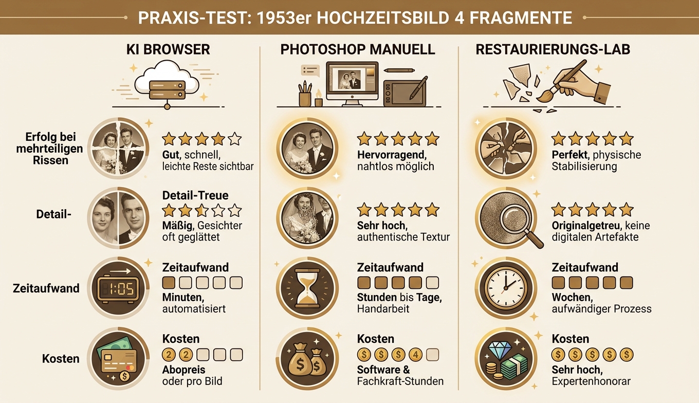 Drei Methoden Praxis-Test 1953er Hochzeitsbild 4 Fragmente Konzept-Illustration