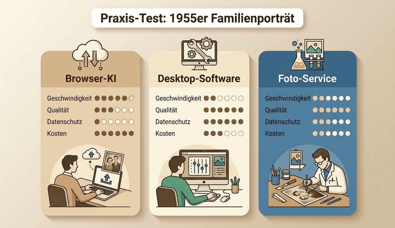 Drei-Methoden-Vergleichsmatrix Praxis-Test 1955er Familienporträt