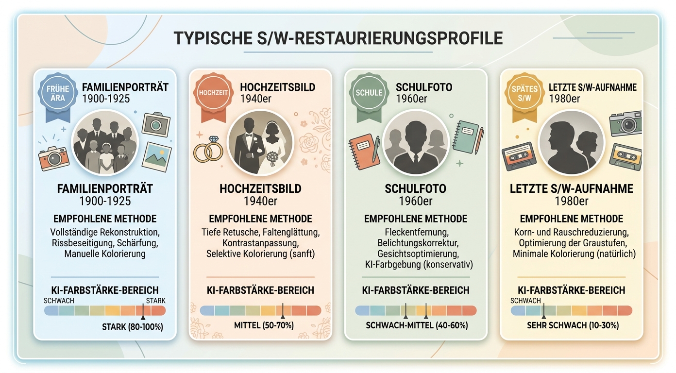 Vier Anwendungsprofile Schwarz-Weiß-Restaurierung Konzept-Illustration