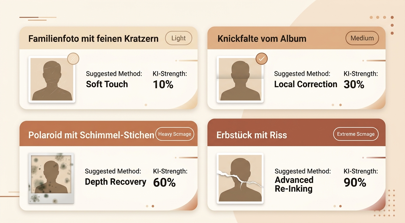Vier Anwendungsprofile leichte mittlere schwere Kratzer Konzept-Illustration