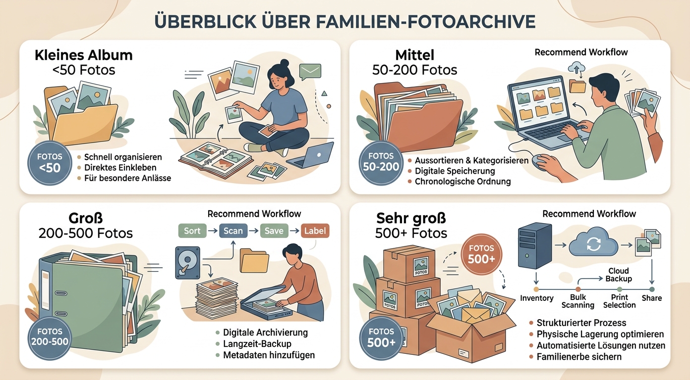 Vier Archiv-Größen klein mittel groß sehr groß Konzept-Illustration