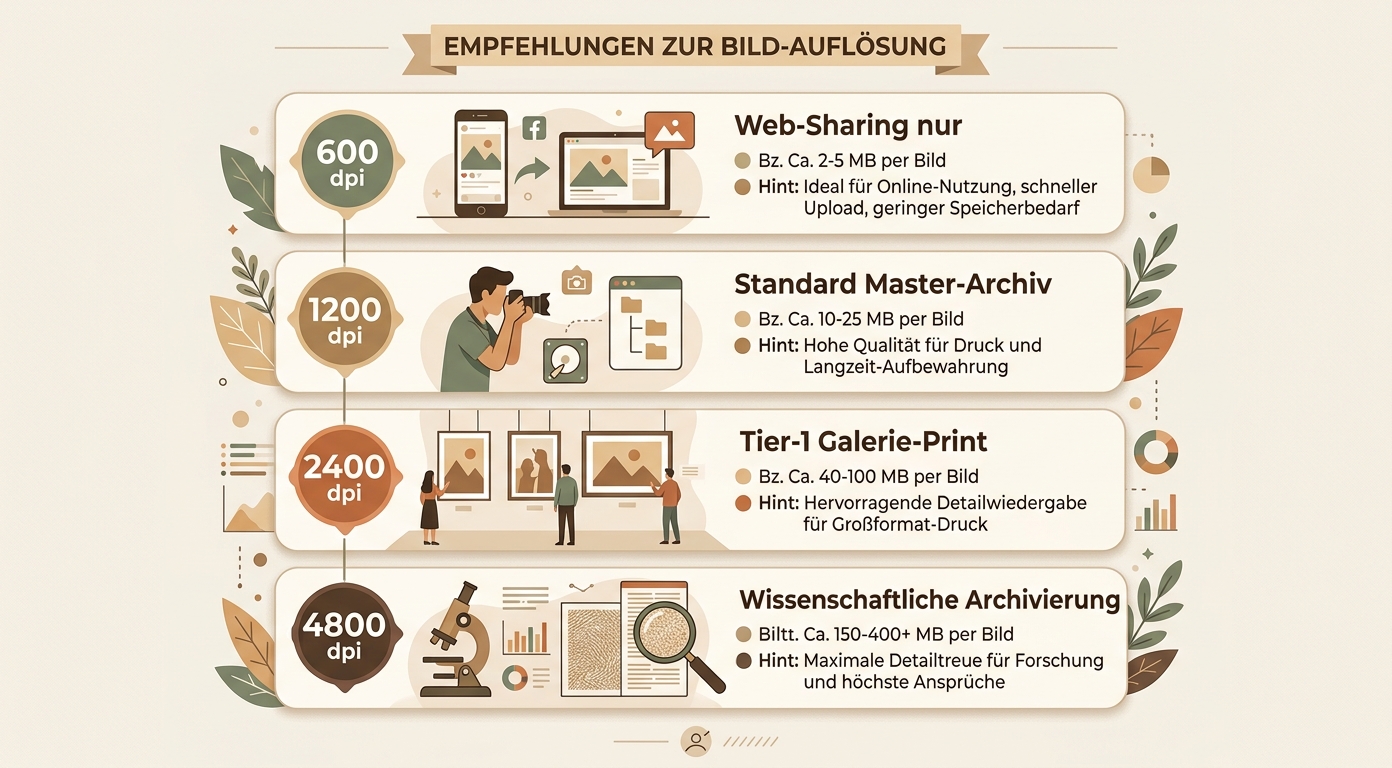 Vier Auflösungs-Profile 600 1200 2400 4800 dpi Empfehlung Konzept-Illustration