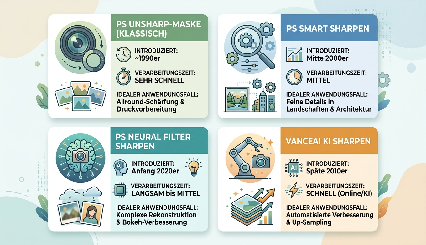 Vier Sharpening-Methoden PS Klassisch Smart Neural KI Konzept-Illustration