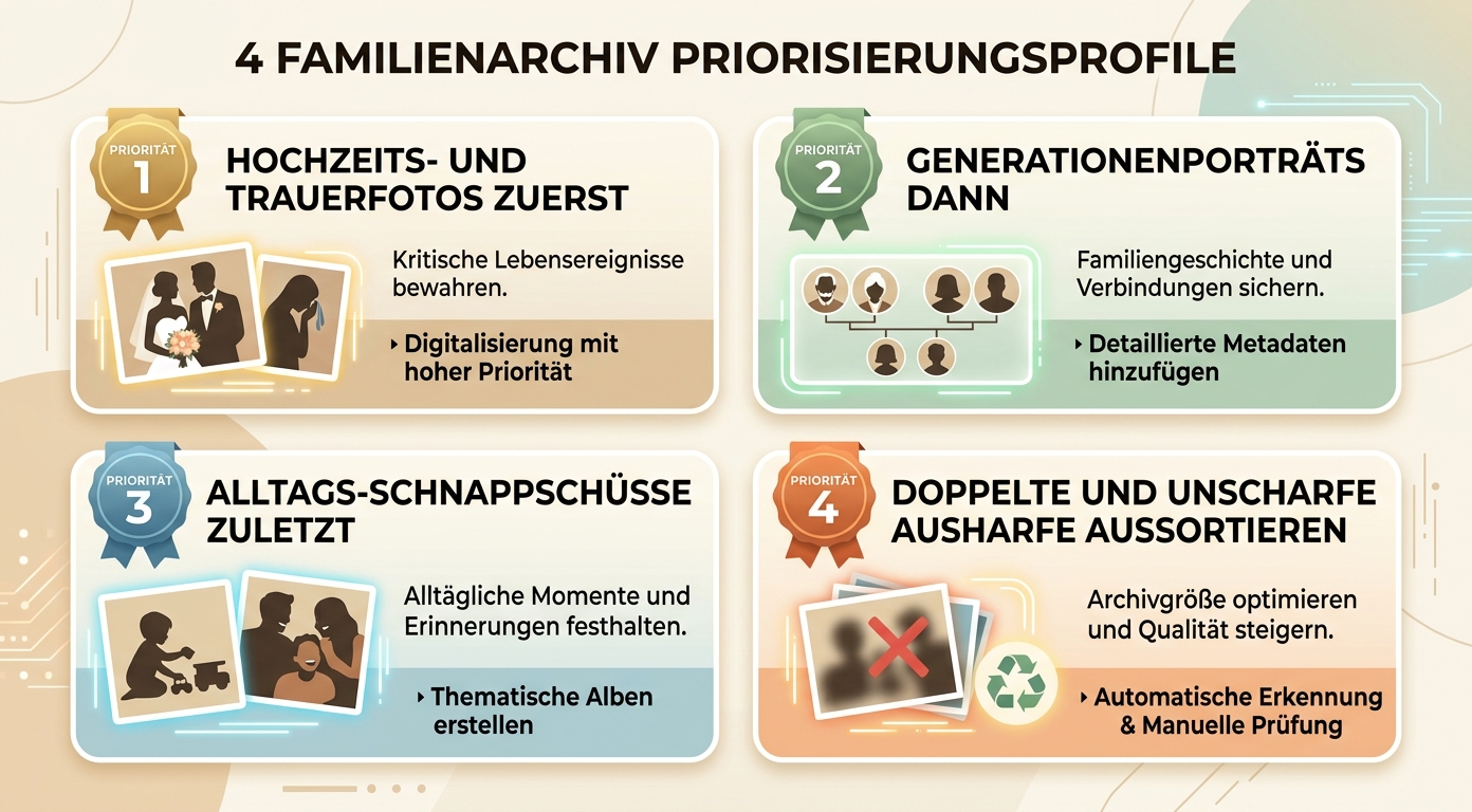 Vier Prioritäten-Profile Familienarchiv-Sichtung Konzept-Illustration