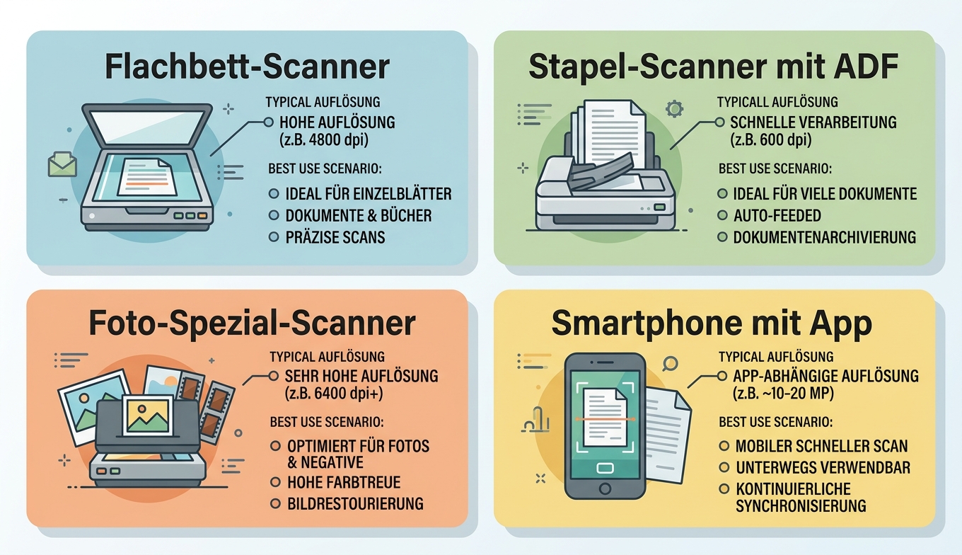 Vier Scanner-Typen Flachbett ADF Spezial Smartphone Konzept-Illustration