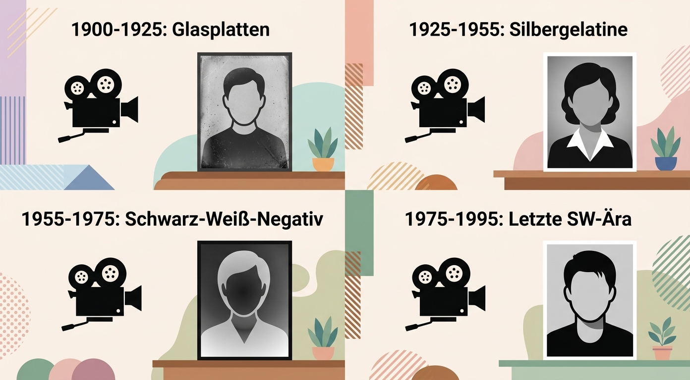 Vier Film-Epochen Glasplatten Silbergelatine Negativ Konzept-Illustration