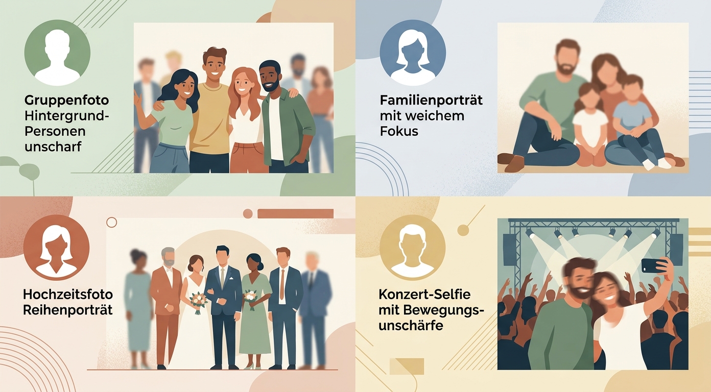Vier Gesichts-Szenarien Gruppe Familie Hochzeit Konzert Konzept-Illustration