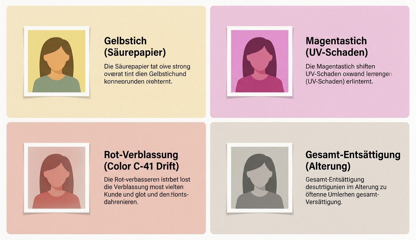 Vier Verblassungstypen — Gelbstich, Magentastich, Rot-Verblassung, Gesamt-Entsättigung