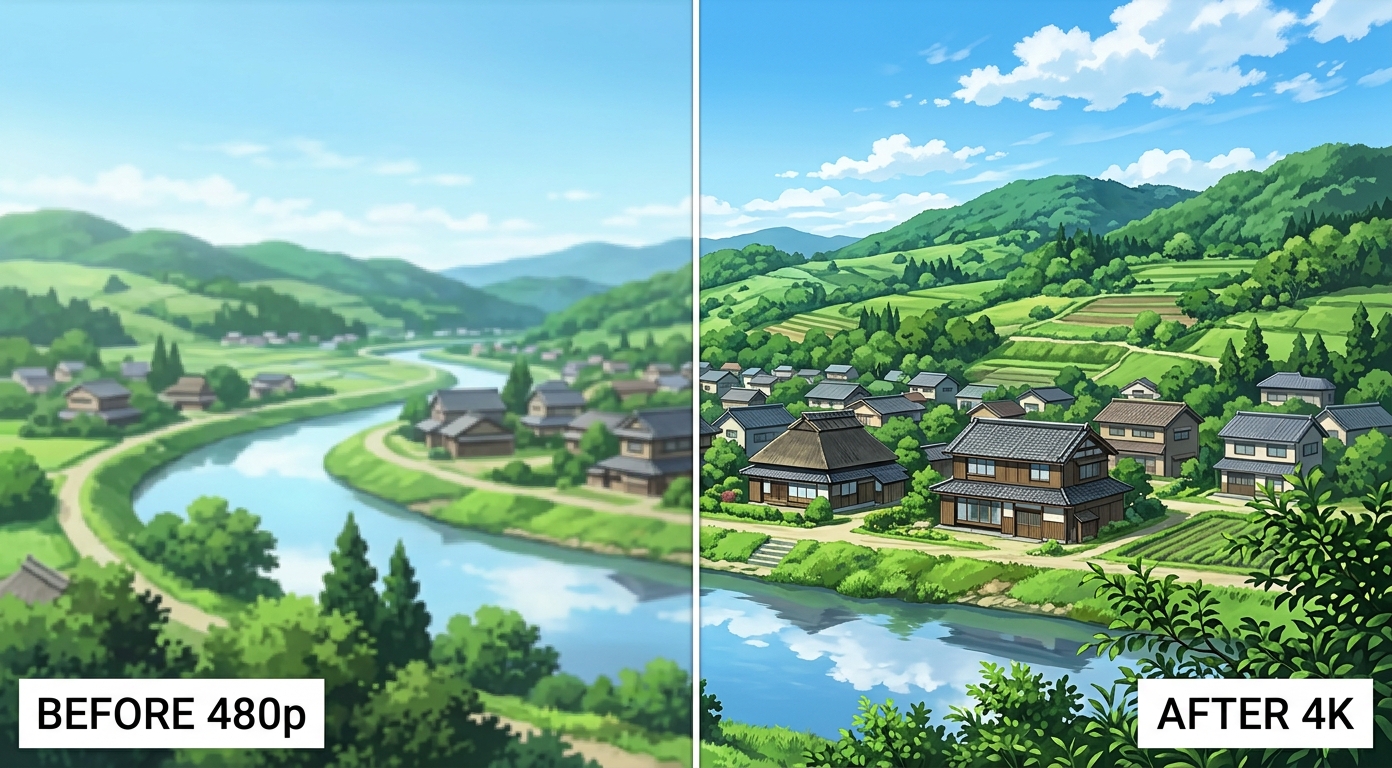 Before and after AI upscaling of an anime background: soft 480p countryside on the left, detailed 4K on the right, shown as an illustrative example
