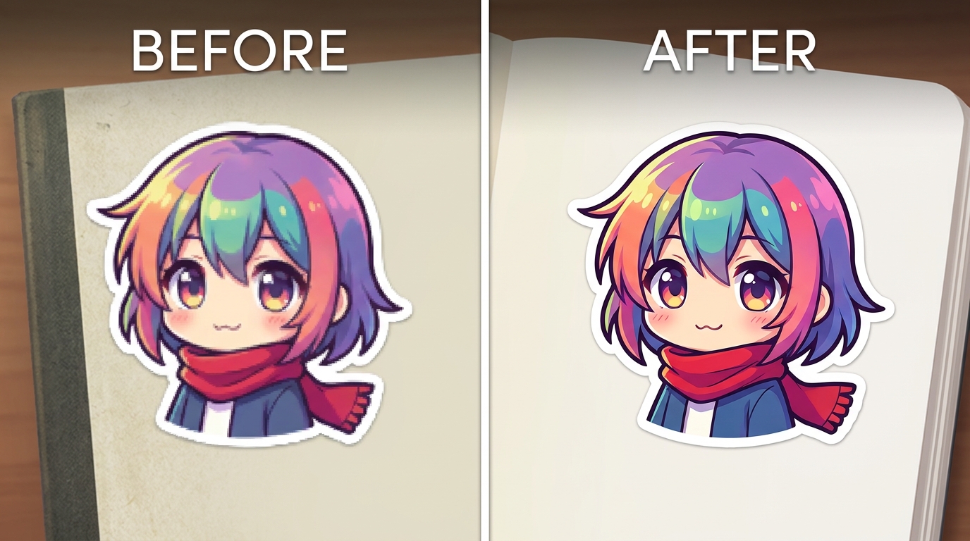 Upscale a pixelated anime sticker to crisp 4K - before and after