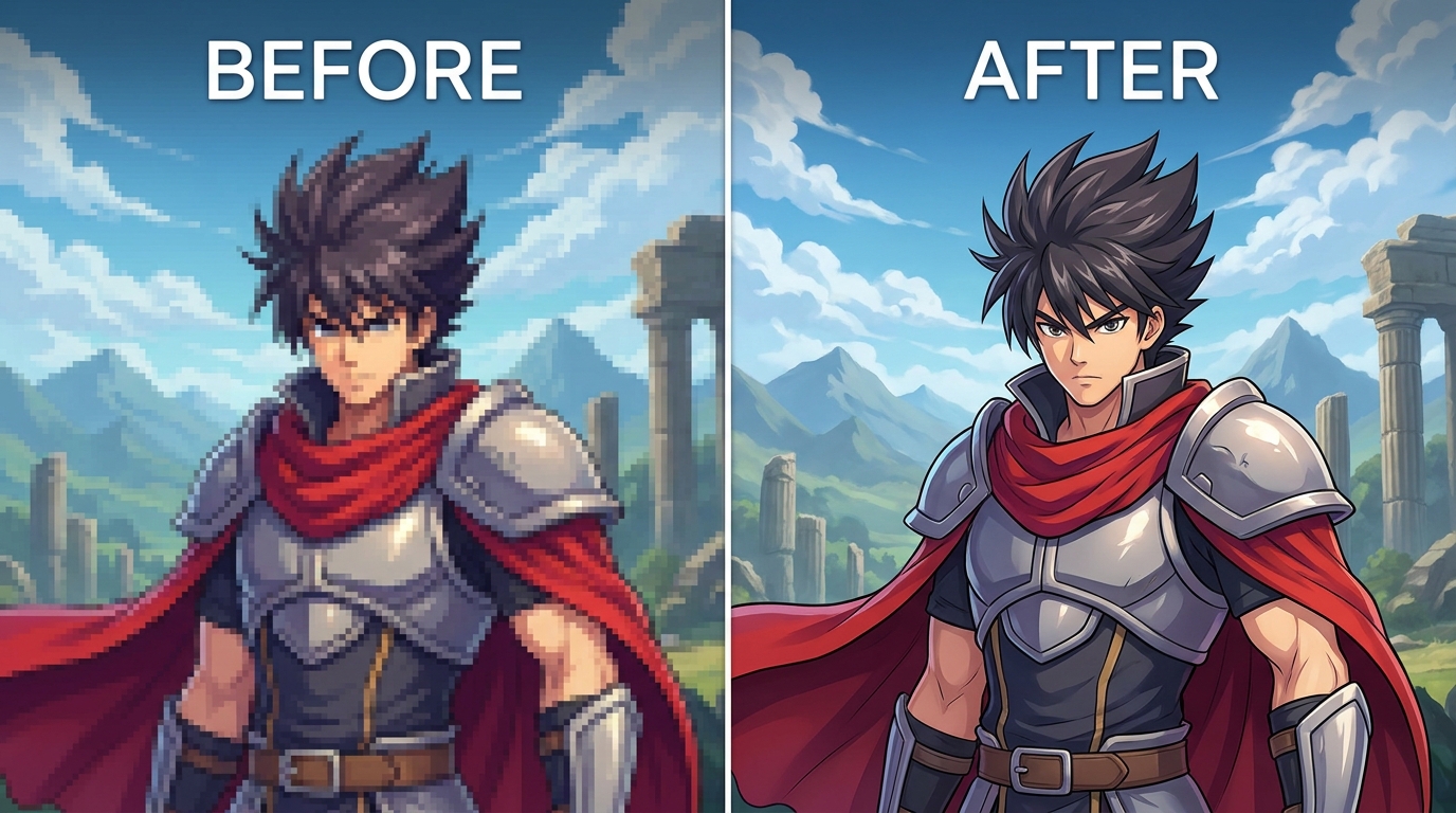 Upscale a pixelated anime character to crisp 4K with VanceAI - before and after