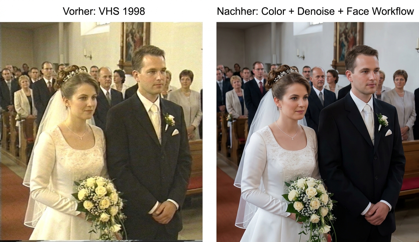 Vorher-Nachher-Vergleich: VHS-Hochzeitsclip mit AVCLabs Voll-Restaurierungs-Workflow. Bildquelle: aus realem Test.