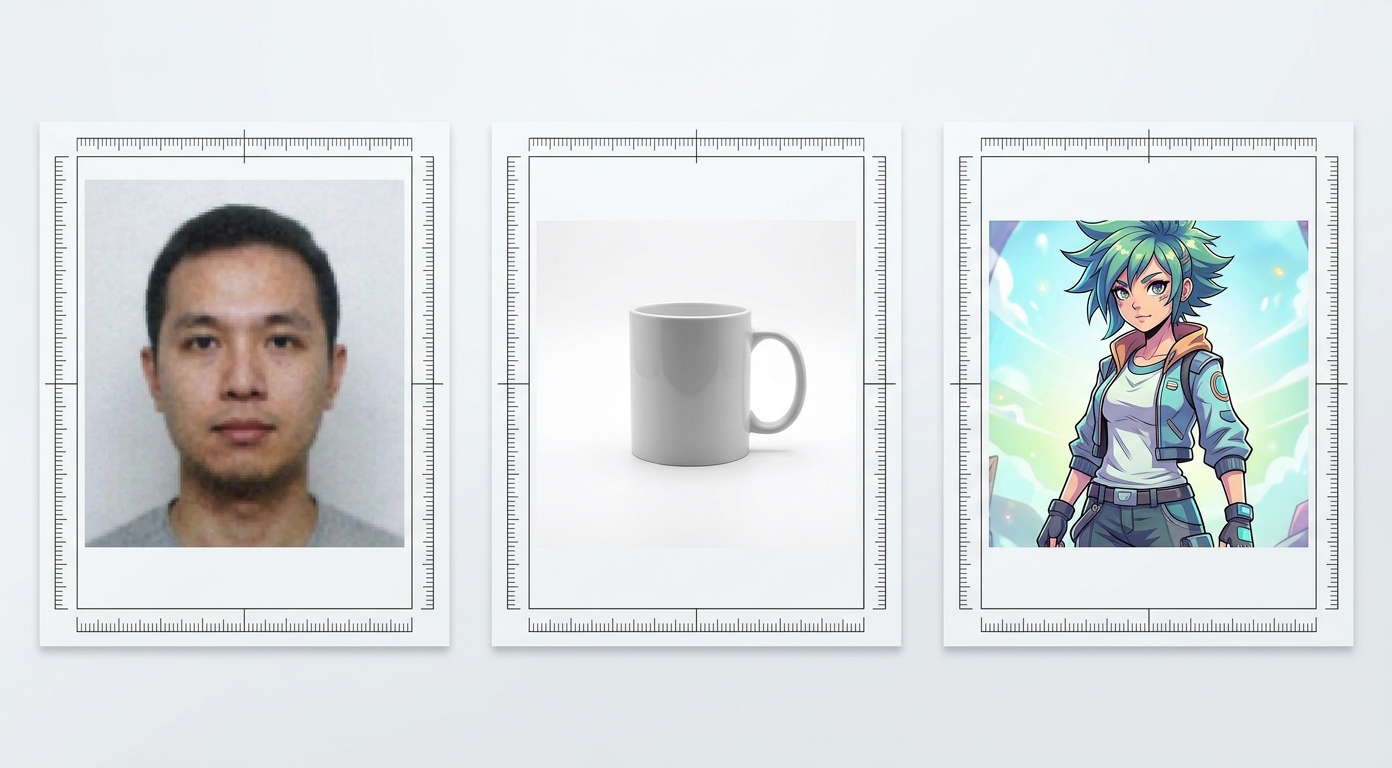 Drei standardisierte Testbilder Portrait Produktfoto Anime-Illustration (Visualisierung der Test-Materialien Juni 2026)