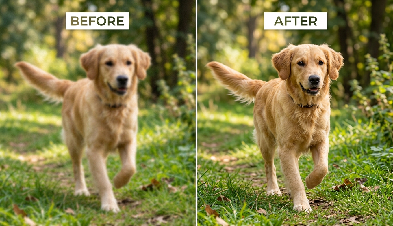 Before and after AI deblurring of a pet video: an out-of-focus dog on the left, sharp with crisp fur on the right, shown as an illustrative example