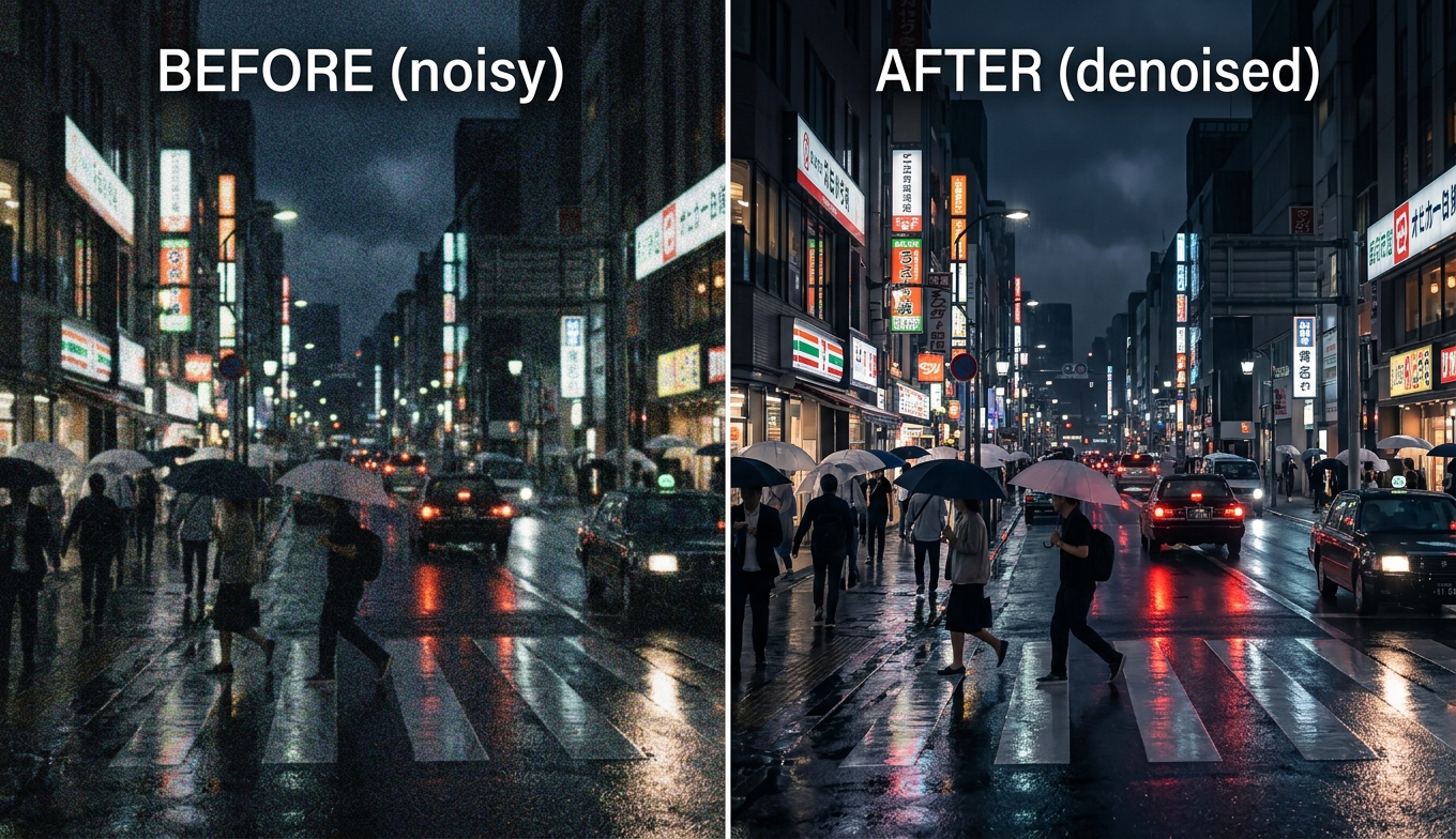 Before and after AI denoising of a noisy night street video frame: heavy grain on the left, clean on the right, shown as an illustrative example