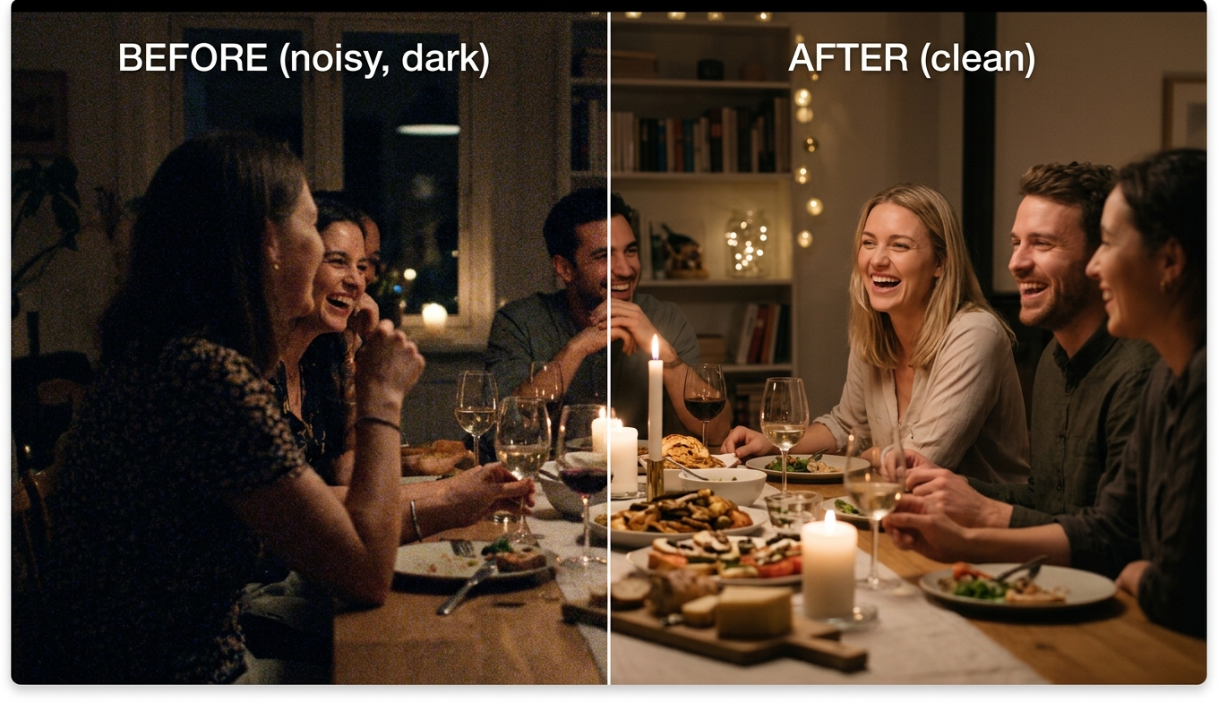 Before and after AI denoising of a dark low-light dinner clip: heavy grain on the left, clean and bright on the right, shown as an illustrative example