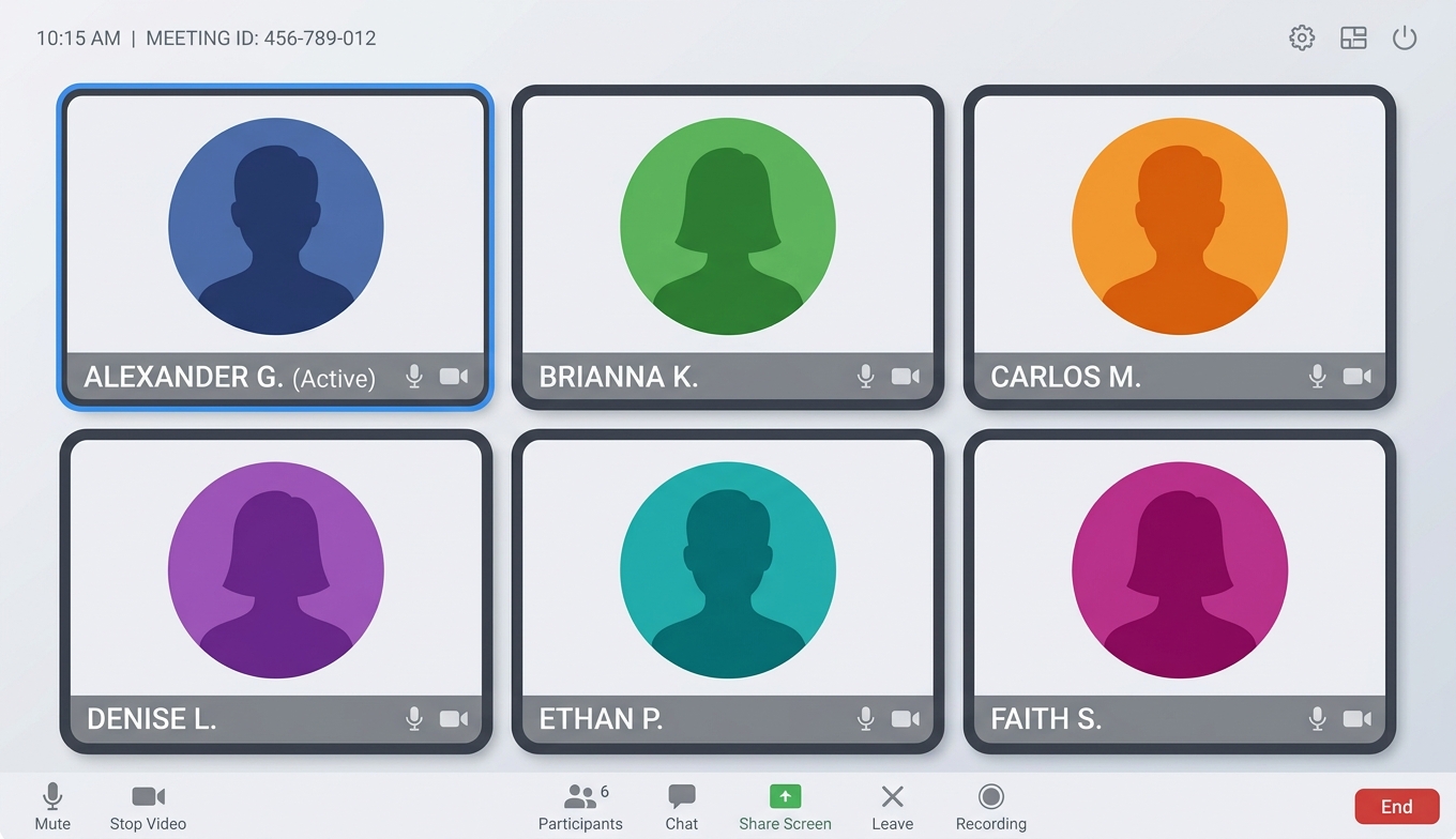 Zoom-Video-Konferenz-Grid mit 6 Teilnehmer-Kacheln und Avatar-Anzeige (Visualisierung der typischen Zoom-UI bei abgeschalteter Kamera)