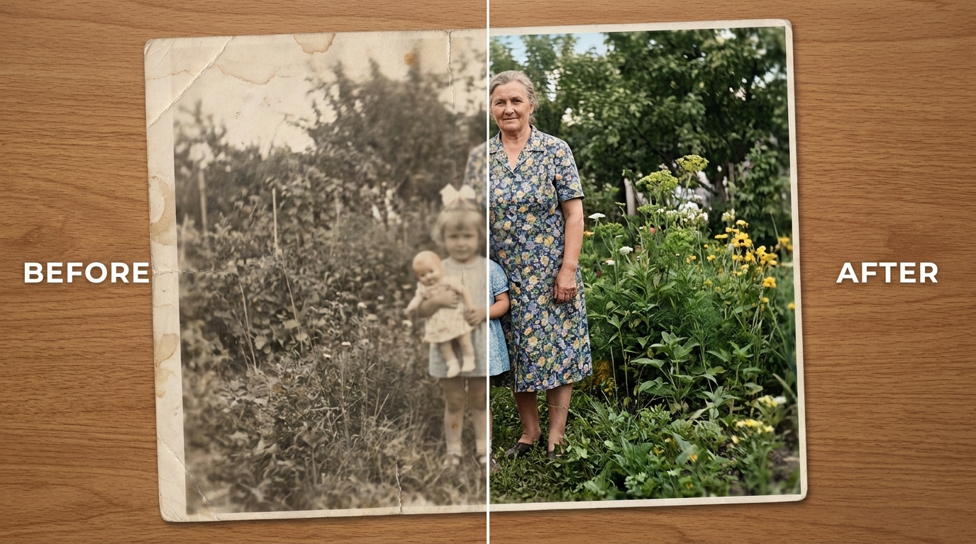 Enhance and restore an old faded photo - before and after