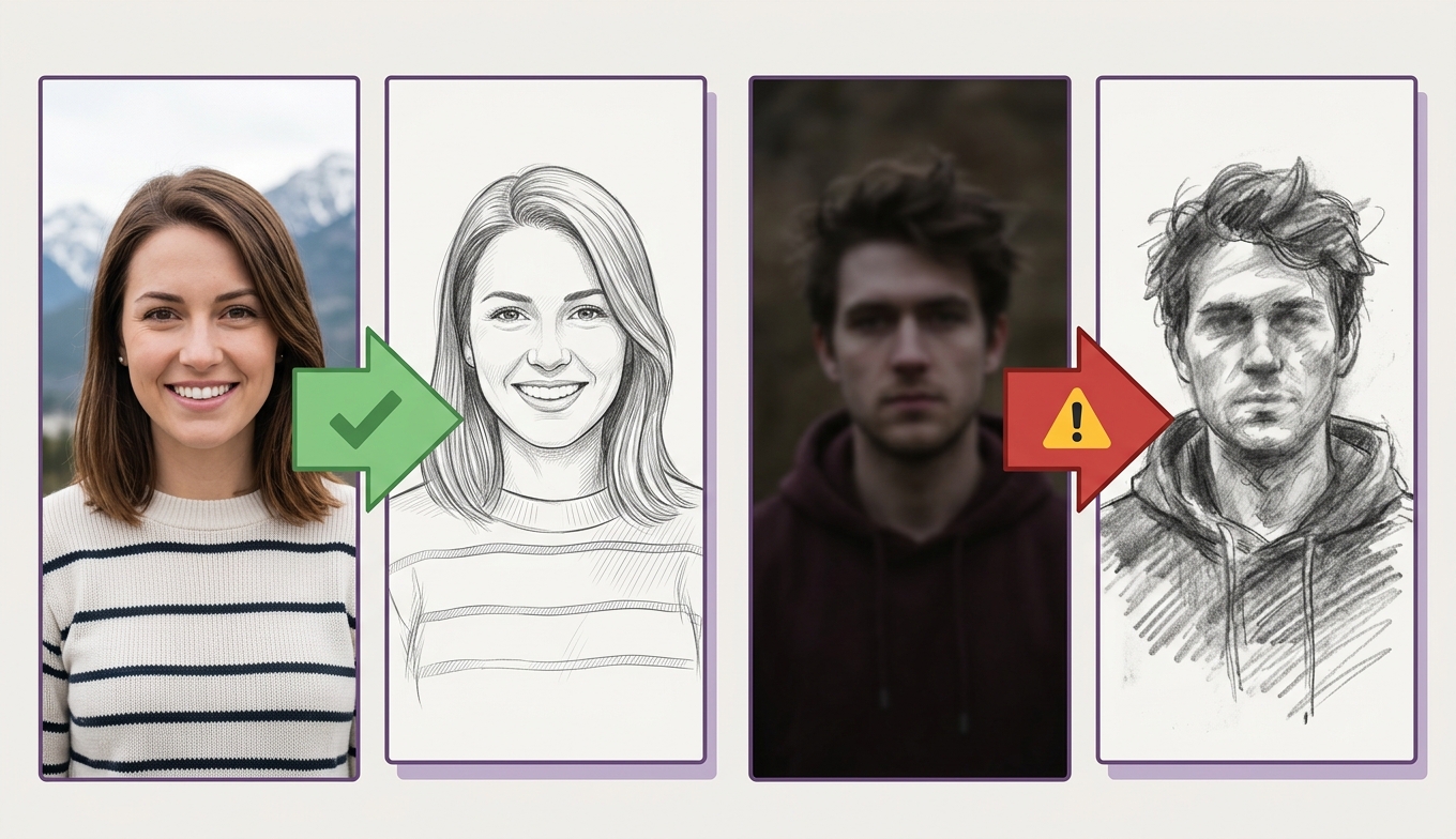 Gutes vs. schlechtes Ausgangsfoto und das jeweilige Skizzen-Ergebnis (Konzept)