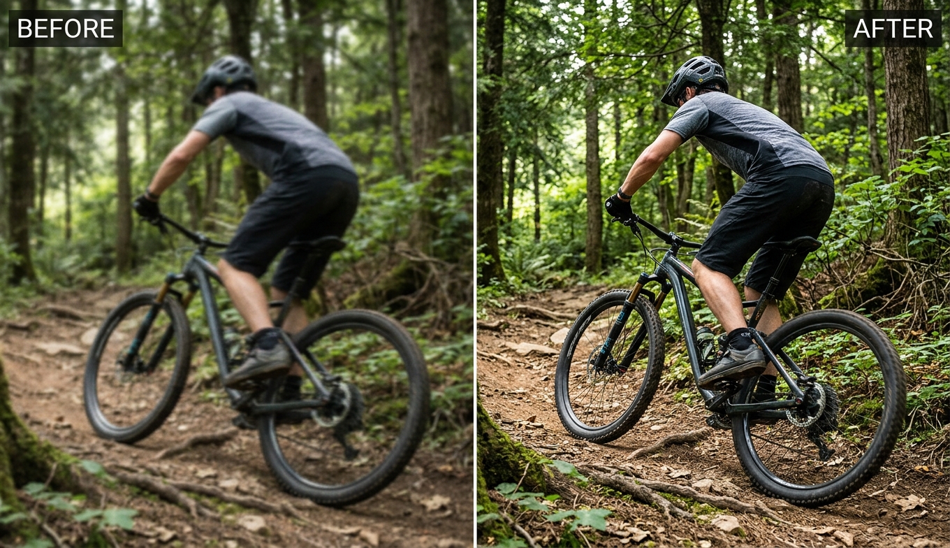 Before and after AI video sharpening: a soft, motion-blurred biking clip made tack-sharp, shown as an illustrative example