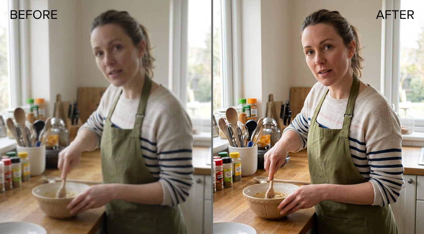 Before and after AI video quality enhancement: a soft, low-quality cooking video frame cleaned to sharp and clear, shown as an illustrative example