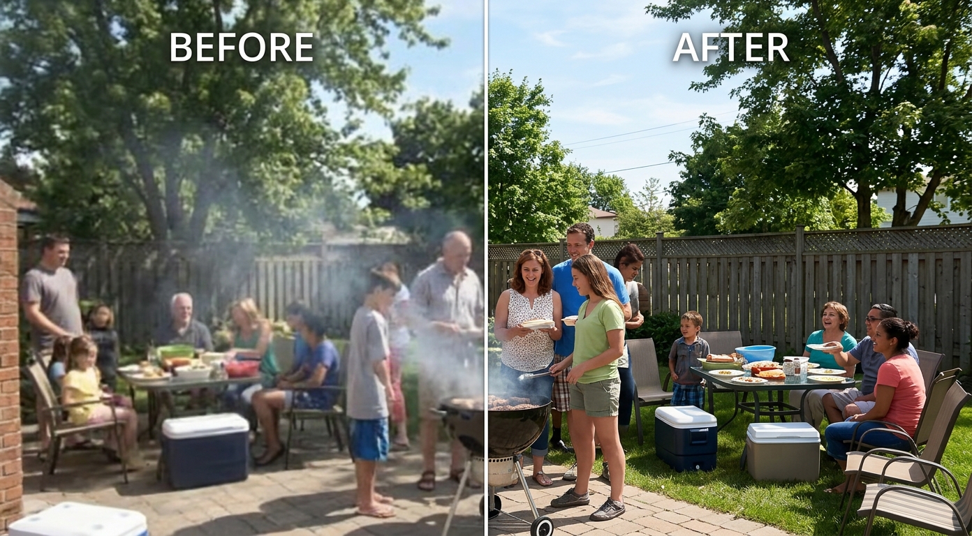 Before and after fixing video quality: a soft, grainy backyard clip made crisp and clear, shown as an illustrative example