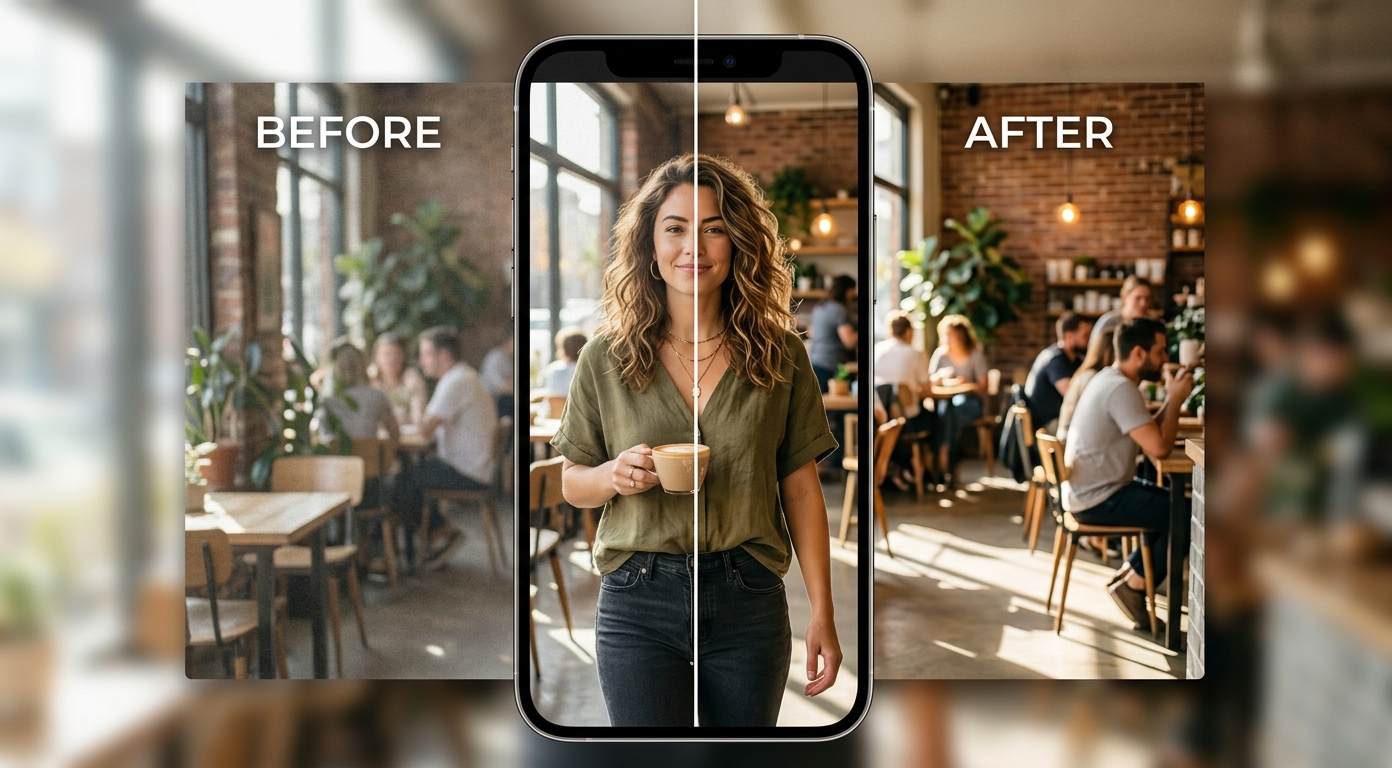 Before and after improving Instagram video quality: a soft, compressed lifestyle clip made crisp and vivid, shown as an illustrative example