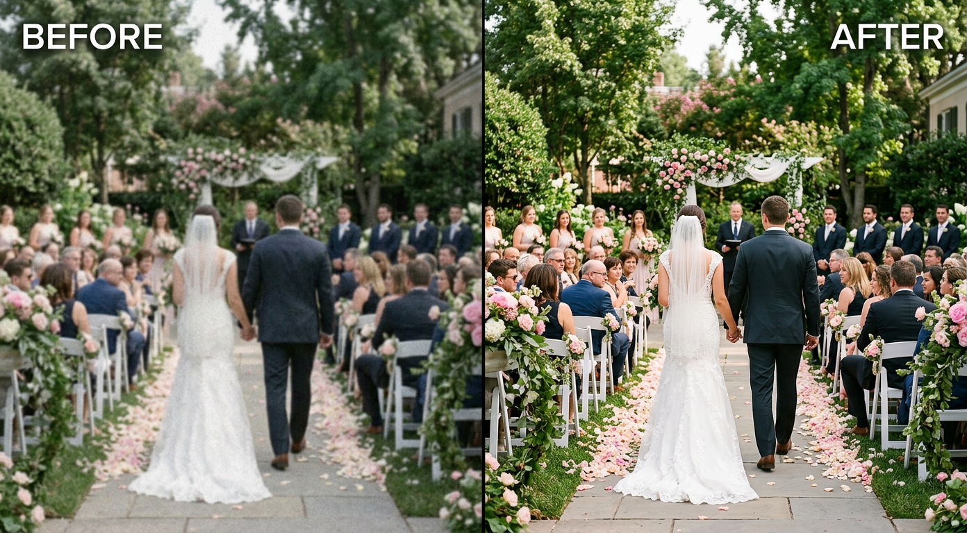 Before and after AI video quality enhancement of a wedding clip: soft and dull BEFORE versus crisp and vivid AFTER, shown as an illustrative example