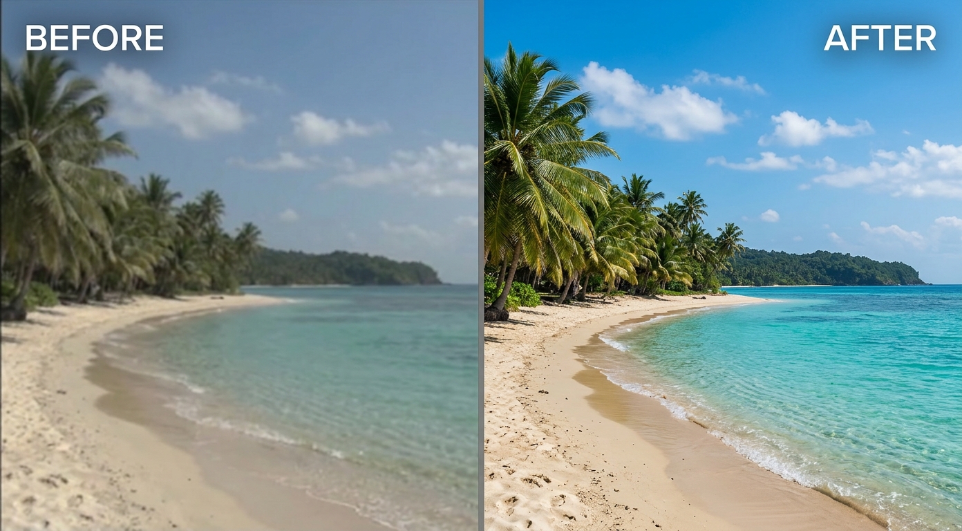 Before and after AI video enhancement of a beach clip: soft and dull BEFORE versus crisp and vivid AFTER, shown as an illustrative example
