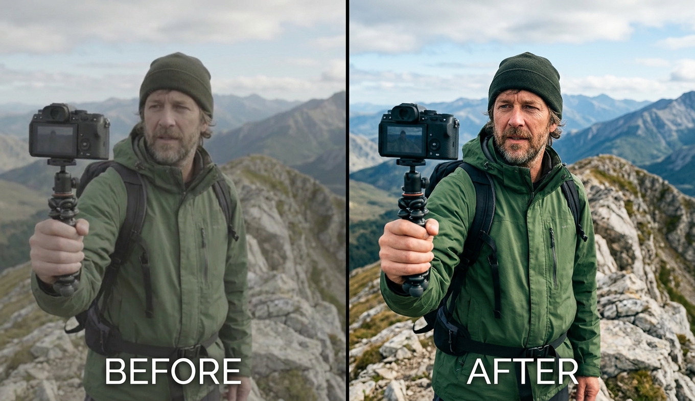 Before and after improving YouTube video quality: a soft, compressed vlog clip made crisp and clear, shown as an illustrative example