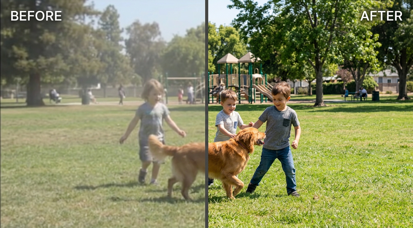 Before and after making a video clearer: a soft, hazy park clip made crisp and sharp, shown as an illustrative example