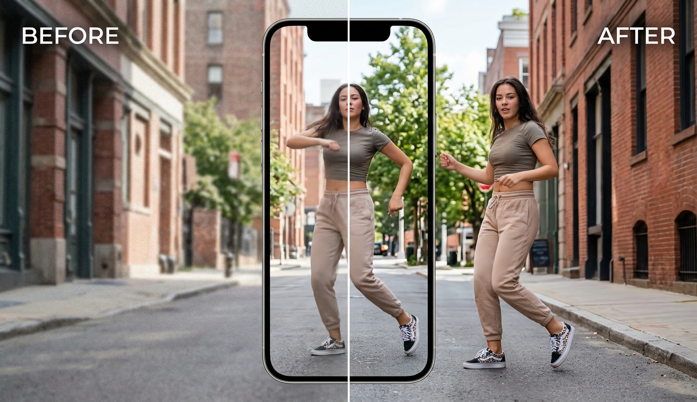 Before and after enhancing a TikTok video: a soft, compressed vertical dance clip made crisp and clear, shown as an illustrative example