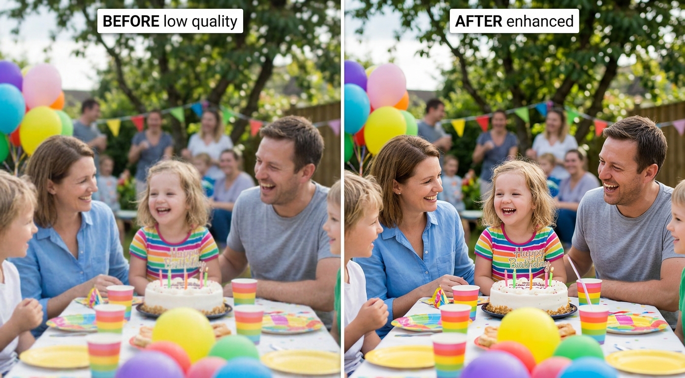 Before and after AI video quality enhancement: a blurry low-quality family party clip cleaned to sharp, clear video, shown as an illustrative example