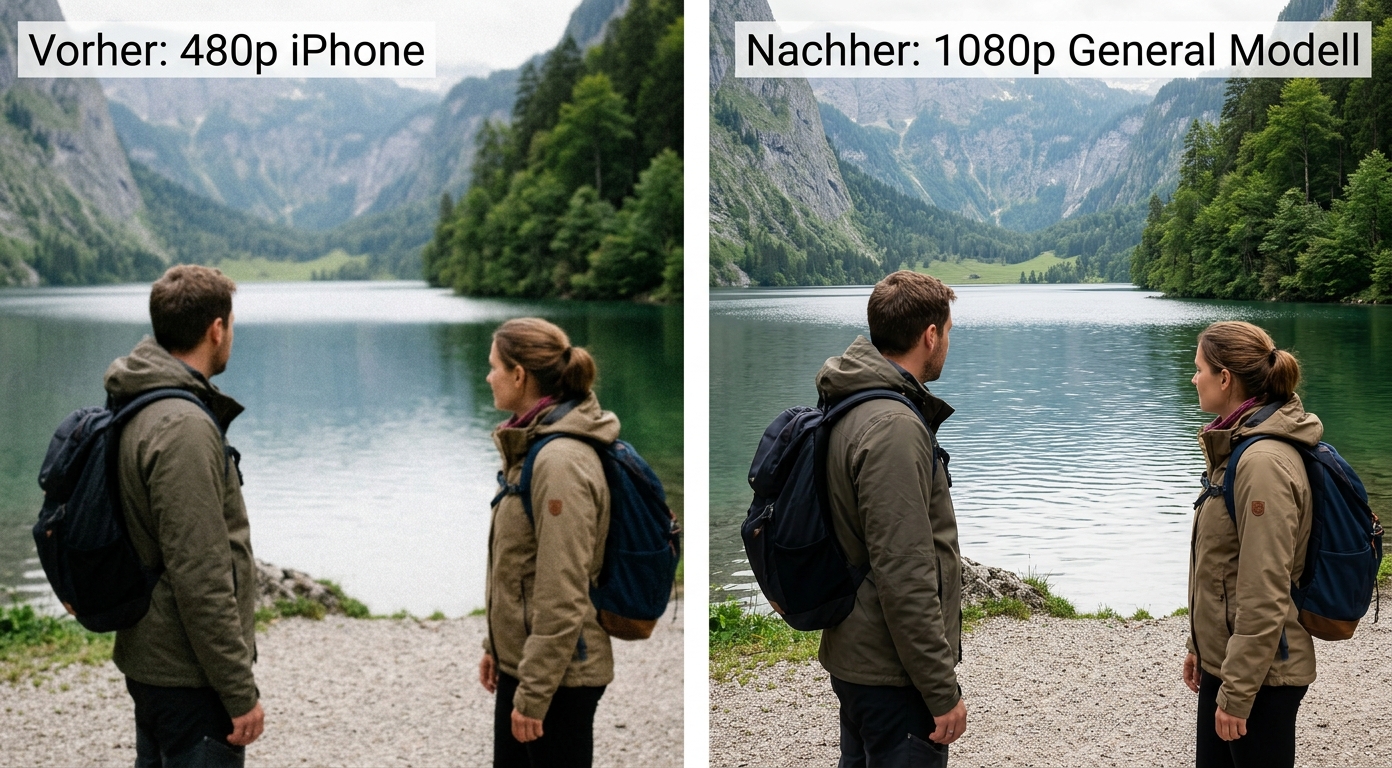 Vorher-Nachher-Vergleich: 480p iPhone-Clip vor und nach HitPaw General-Modell Upscale. Bildquelle: aus realem Test.
