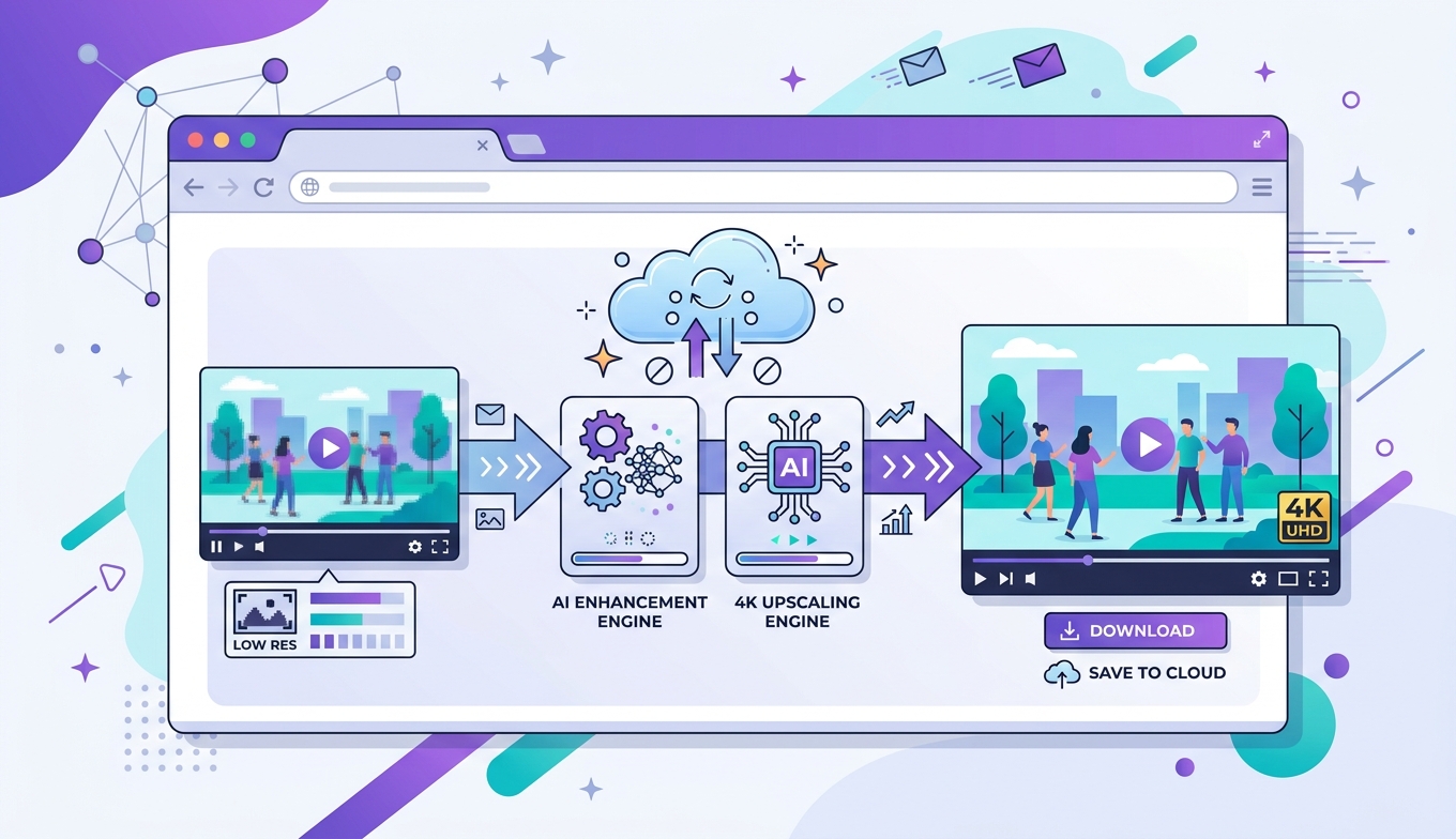 Illustration of browser-based AI video upscaling: a low-res clip enhanced to 4K by two AI engines in the cloud