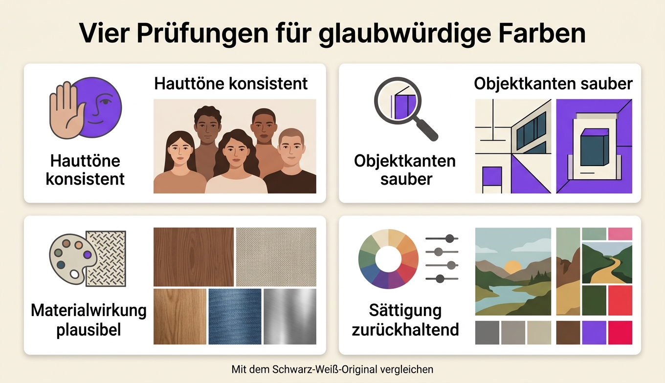 Konzept: Hauttöne, Objektkanten, Materialwirkung und Sättigung einer KI-Kolorierung prüfen