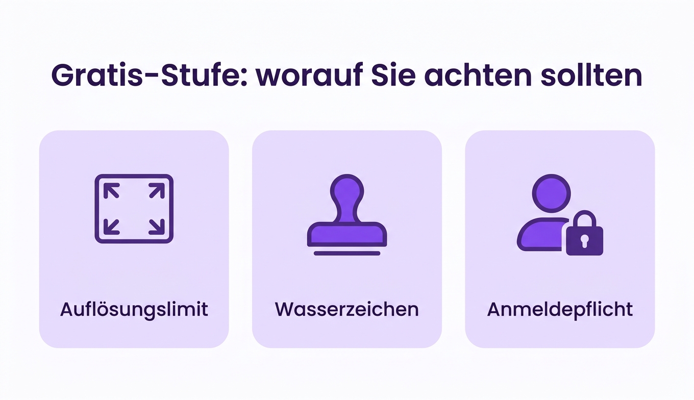 Konzept: Worauf man bei der Gratis-Stufe achten sollte — Auflösungslimit, Wasserzeichen, Anmeldepflicht